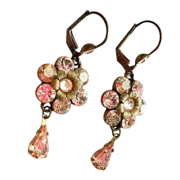 Michal Negrin Peach Swarovski Crystal Flower Tear Drop Earrings Victorian Y2K - Picture 3 of 4